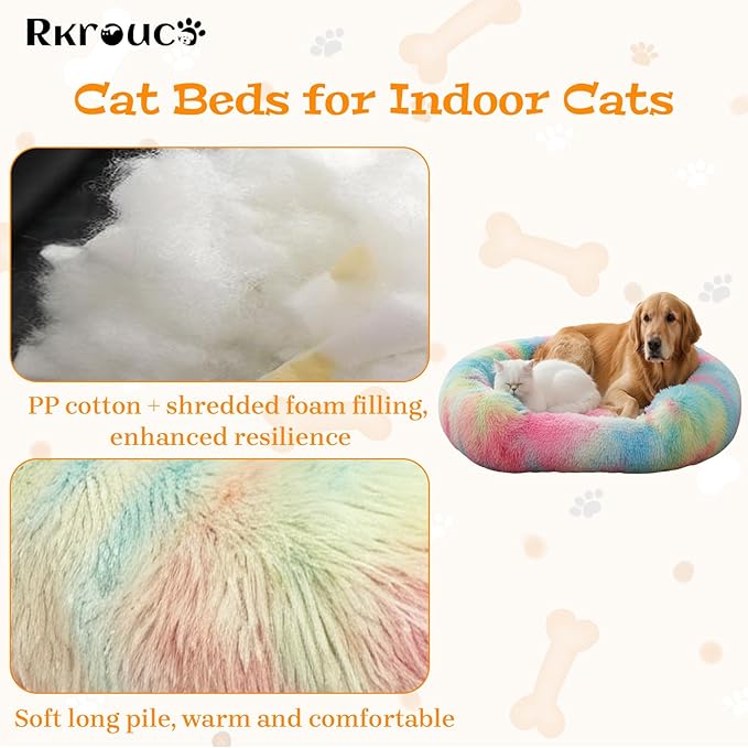 Fluffy Dog Bed Calming Donut Beds for Large Dogs Warming Round Small Medium Pet Nest Cozy Cat Mattress Indoor Washable Puppy Kennel Kittens Sleep Mat (XL, 43.3×43.3 inch, Rainbow)