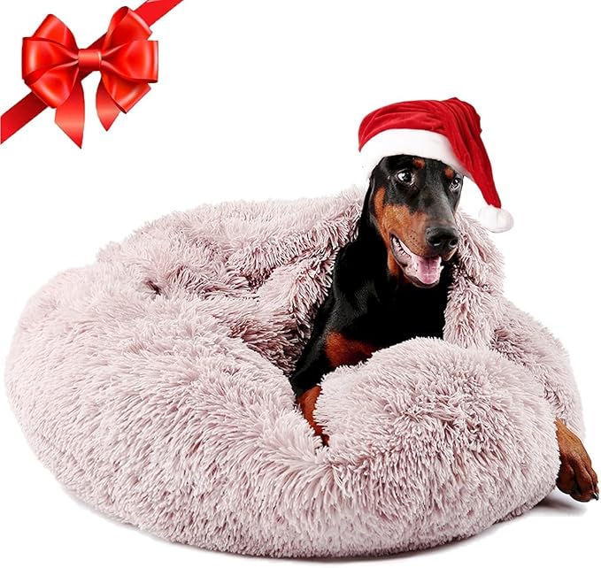 Himax Dog Beds for Large Dogs, Donut Dogs Beds with Blanket Attached, Calming Dog Bed Washable (20"/26"/35") Beige