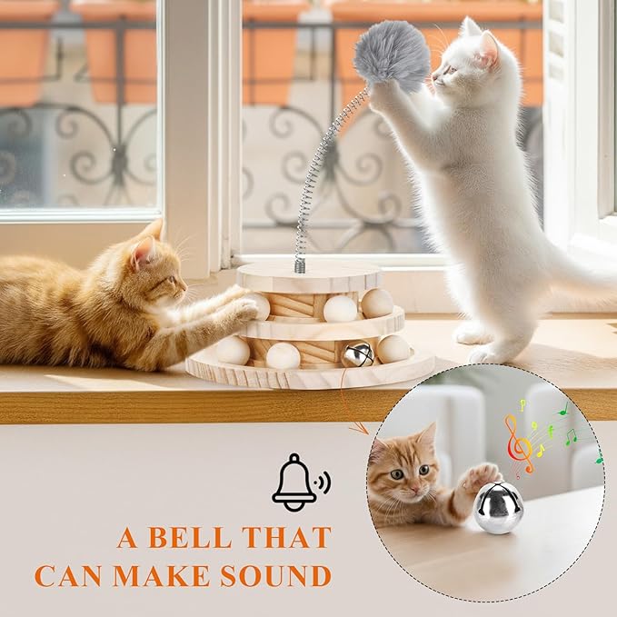 SMICEM 2-Tier Wooden Cat Ball Track Toy - Non-Toxic Cat Turntable with Removable Balls, Interactive DIY Circle Toy for Kittens & Cats Mental/Physical Exercise, Safe Natural Wood Kitty Roller