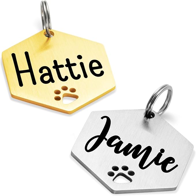 Ultra Joys Dog Tags Personalized for Pets - Hollow Paw Custom Pet ID Tag - Engraved Dog Tag for Small, Large Dogs - Small Hexagon in Silver