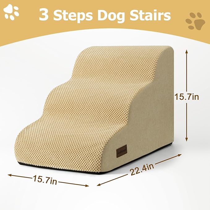 Dog Ramp and Stairs for Small Dogs & Cats,3-Step Pet Stairs for Couch Sofa and Chair,Indoor Anti-Slip Dog Stairs for Old Cats and Puppy,Khaki
