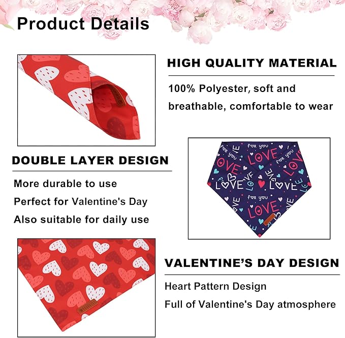 ADOGGYGO Valentine Dog Bandana, Red Blue Heart Love Pet Scarf, Adjustable Fit Pet Valentine Bandanas for Medium Large Dogs (Large)