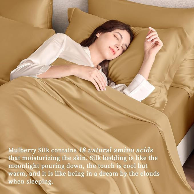 THXSILK Silk Sheet Set 4Pcs, 6A+ Top Grade 100% Natural Mulberry Silk Bed Sheets, Luxury Bedding Sets Ultra Soft Durable, 1 Fitted Sheet, 1 Flat Sheet and 2 Pillow Shams (Full, Metallic Gold)