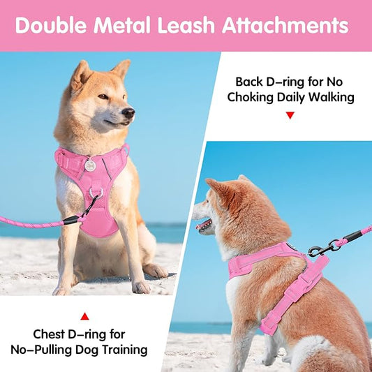 PoyPet No Pull Dog Harness and 5 Feet Leash Set, Release on Neck Reflective Adjustable Pet Vest, Front & Back 2 D-Ring and Soft Padded Pet Harness with Handle for Small to Large Dogs(Pink,L)