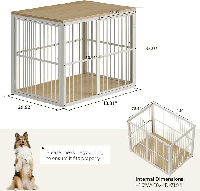 Lyromix 43'' Dog Crate Furniture with 3 Doors, XL Wooden Crate End Table, Heavy Duty Indoor Puppy Cage Kennel for Medium to Large Dogs, Multiple Units Can be Combined, Natural Beech