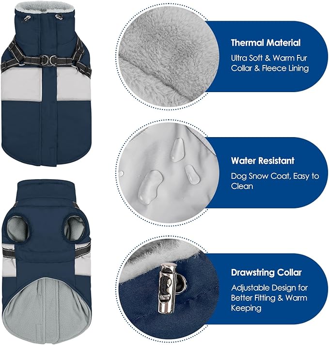 KOESON Dog Coat, Warm Dog Winter Jacket with Harness Built-in for Easy Walk, Fleece Lined Cold Weather Coat for Medium Dogs, Waterproof Puffer Jacket for French Bulldog, Corgi, Beagle, Navy Blue M