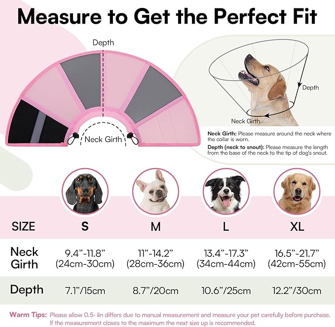 Queenmore Dog Cones for Large Dogs, Adjustable Dog Cone Collar After Surgery, Soft Cone for Dogs, Comfortable Recovery Cones Alternative for Pets to Stop Licking (Light Pink,XL)