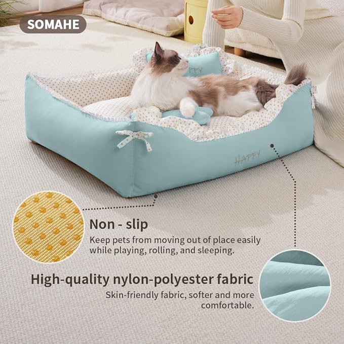 Cat Bed Rectangle Pet Bed Gift for Puppy and Kitten Machine Washable Calming Fluffy Pet Couch Sofa for Indoor Outdoor Portable Soft Cat Beds with Non-Slip Bottom 24×18×9inch Green