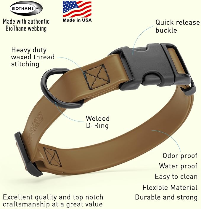 Dogline Durable Biothane Waterproof Collar for Dogs - Odor-Resistant Coated Webbing, Quick-Release Design, Comfortable Adjustable Fit, 1" W by 15-25" L, Coyote Brown