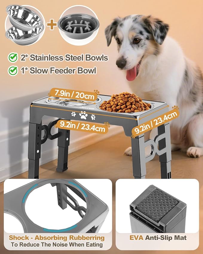 Elevated Dog Bowls, Dog Feeder with Stainless Steel Dishes & Slow Feeder Bowl, 5 Heights Adjustable Raised Stand for Medium Large, Food Dishes with Non-Slip Feet