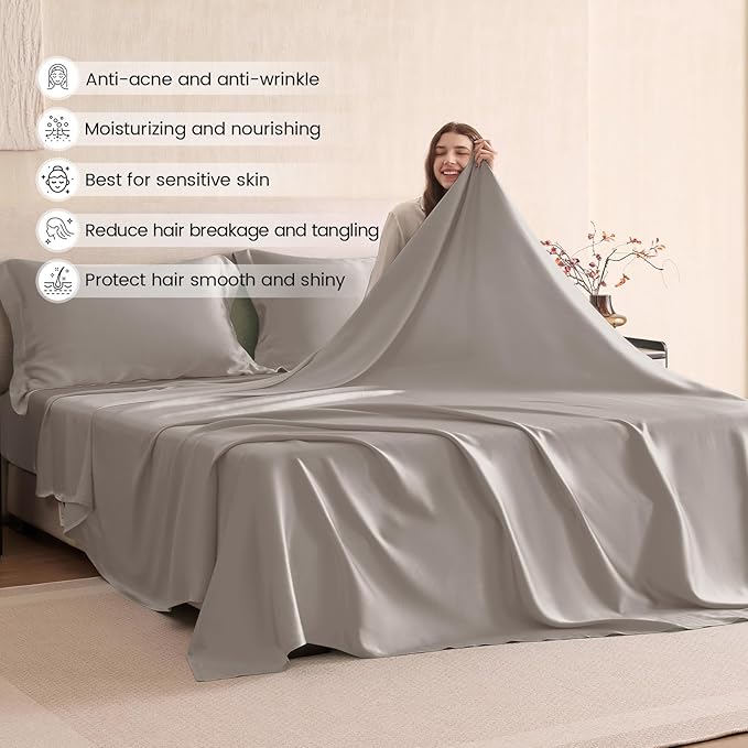 THXSILK Silk Sheet Set 4Pcs, 6A+ Top Grade 100% Natural Mulberry Silk Bed Sheets Smooth Cooling Luxury Bedding Sets Ultra Soft Durable, 1 Fitted Sheet, 1 Flat Sheet and 2 Pillow Shams (Queen, Grey)