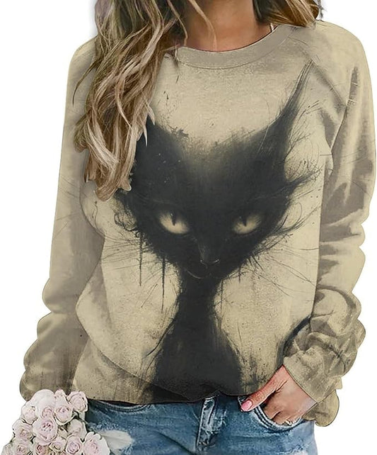 Biacolum Long Sleeve Shirts for Women Mid Century Retro Style Atomic Cat 3D Graphic Sweatshirts Fall Crewneck Pullover Top