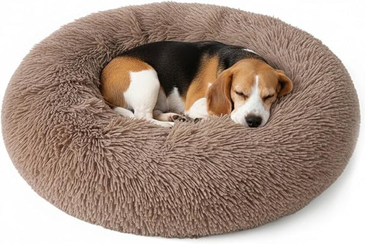 DFQ Donut-Shaped Pet Bed for Medium Dogs, Round Calming Cuddler for Cats, Cozy Anti-Anxiety Sofa, Plush Fluffy Faux Fur Cushion-31''-Camel