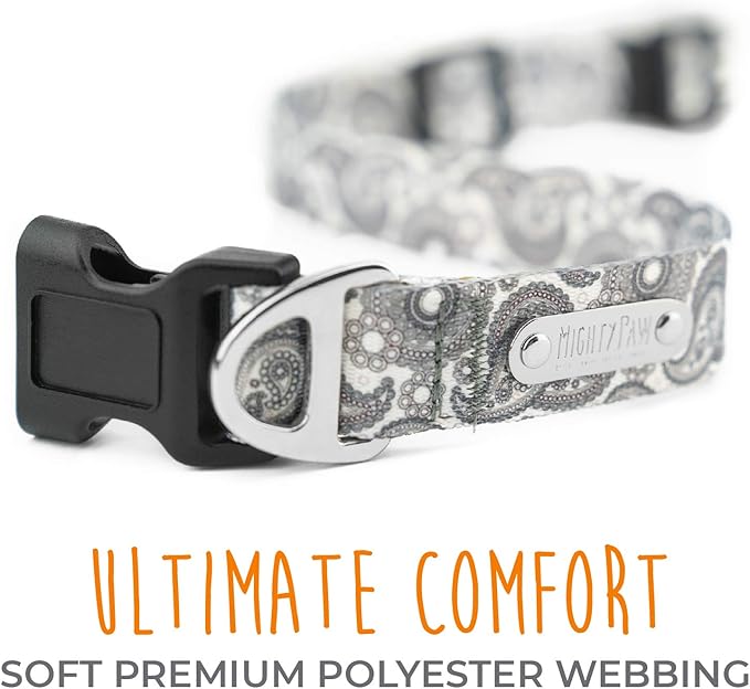 Mighty Paw Grey Paisley Designer Collar - Stylish and Sleek - Great for Small and Large Dogs - Ultimate Comfort with Soft Premium Polyester Webbing - Heavy-Duty Hardware for Long Lasting Use - M