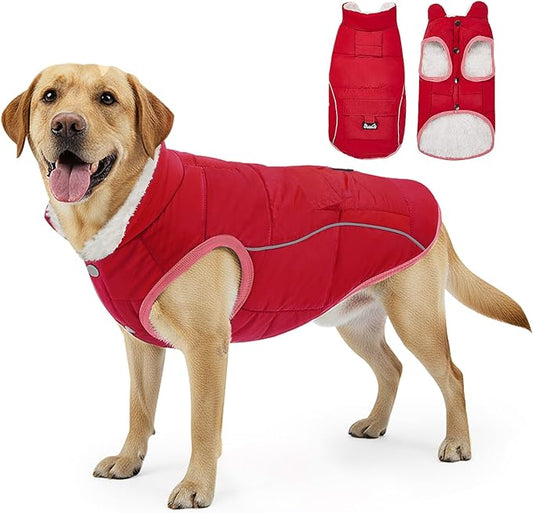 SlowTon Dog Coat - Warm Dog Winter Coat Waterproof, Reflective Winter Jacket with Pocket, Puppy Fleece Vest Pet Apparel Cold Weather Clothes for Small Medium Large Dogs Boy Girl (Red, XL)