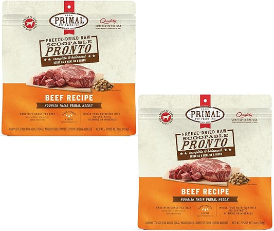 Primal Freeze Dried Dog Food, Pronto Mini Nuggets, Beef; Scoop & Serve, Complete & Balanced Meal; Also Use as Topper or Treat; Premium, Healthy, Grain Free High Protein Raw Dog Food (16 oz, 2-Pack)