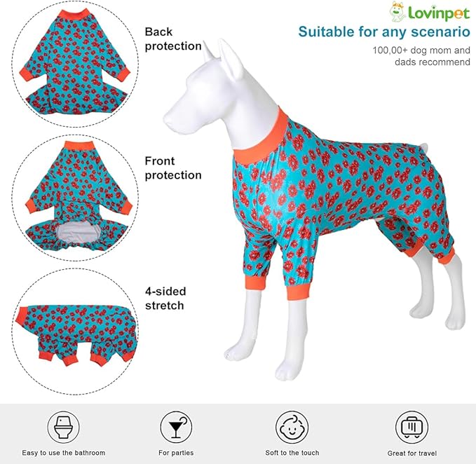 LovinPet Dog Clothes Large Size Dog Boy, Anti Licking Bodysuit, Pajamas for Pitbulls, Pajamas for Large Dogs, Post Surgery,Tretchy Skin-Friendly Fabric,Mint & Dark Coral Floral Print, 3XL