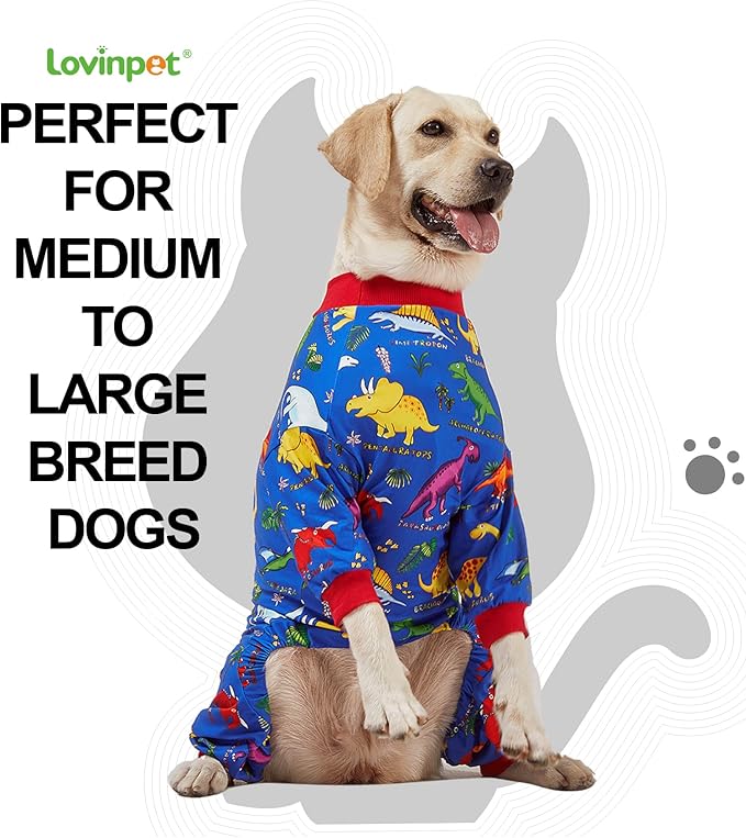 LovinPet Pitbull Large Dog Clothes, Wound Care/Post Surgery Dog Clothes, Lost World Dinosaurs Print, UV Protection, Pet Anxiety Relief, Large Dog Onesies, Pet PJ's /3XL