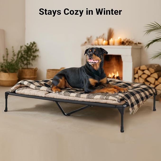 Veehoo Outdoor Elevated Dog Bed Large Sized Dogs, Extra Large Cooling Raised Dog Cots Beds Training Platform Off Ground Hammock with Breathable Mesh, No-Slip Feet, 53"x37", Beige Coffee