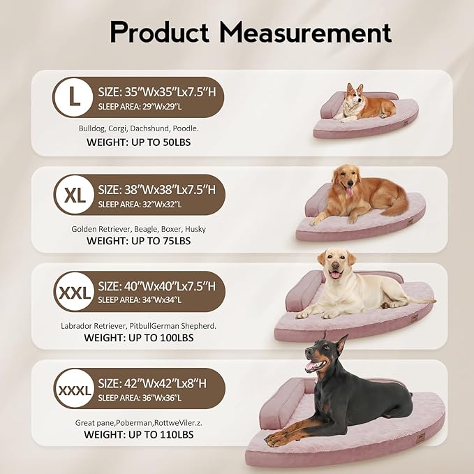 Large Orthopedic Dog Bed with Sides Big Dog Beds with Removable Washable Cover Non-Slip Waterproof Pet Bed for Medium Large Dogs - Pink L