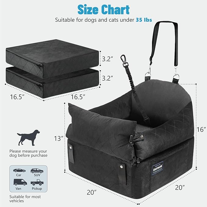 EASTBLUE Dog Car Seat for Small Medium Dogs Up to 35 lbs, 2 Memory Foam Pads Dog Booster Car Seat with Seat Belt, Washable Pet Carseat for Puppy & Cat, Dogs Travel Bed for Cars (Black-Velvet)