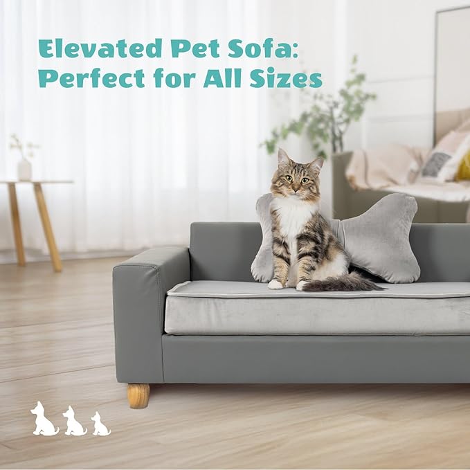 CRITTER SITTERS 43” Faux Leather Ped Bed in Dark Grey, Durable Washable Sofa Couch for Large Cats & Dogs, Must Have Essential Furniture Accessory for Kittens & Puppies
