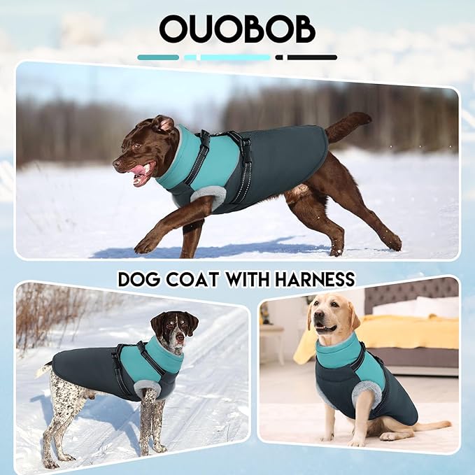 Large Dog Jacket - Built-in Harness, Waterproof, Windproof, Fleece Lined, Perfect for Snow and Winter