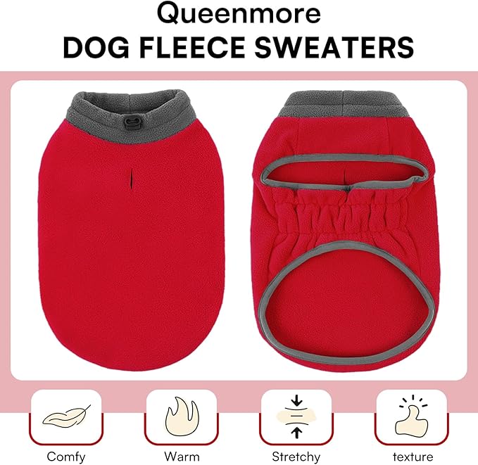 Queenmore Dog Sweater, Soft Fleece Vest Dog Jacket with Elastic Stretchable,Warm Turtleneck Pullover Design for Boy Girl Pet,Dachshund,Doggie,Cat,Kitten Chihuahua Bulldog Pug Beagles (Red, S)