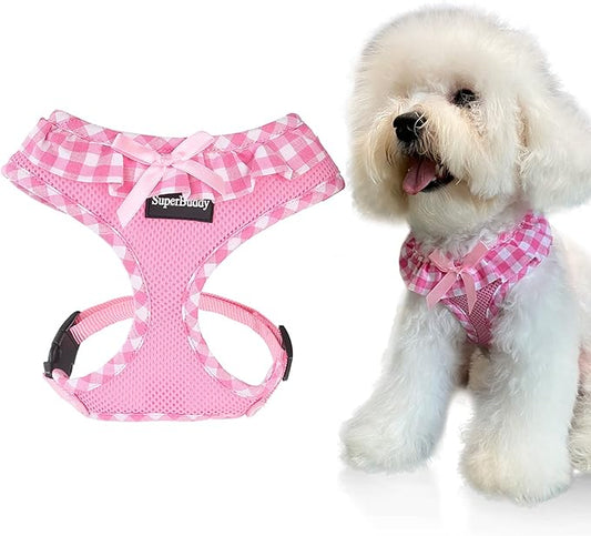 SuperBuddy Upgraded Soft Mesh Dog Harness, Super Breathable Lightweight Pet Harnesses for Puppy Dogs Outdoor Walking, Pink Dog Harness -Medium