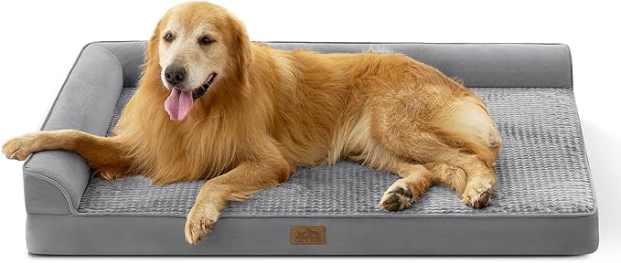 Orthopedic Dog Bed for Extra Large Dog, Giant Pet Sofa, Big Foam Bolster Couch with Waterproof Lining Cover, Anti-Slip, Washable, L-Shaped, XXL 48x35x8 inch, Grey