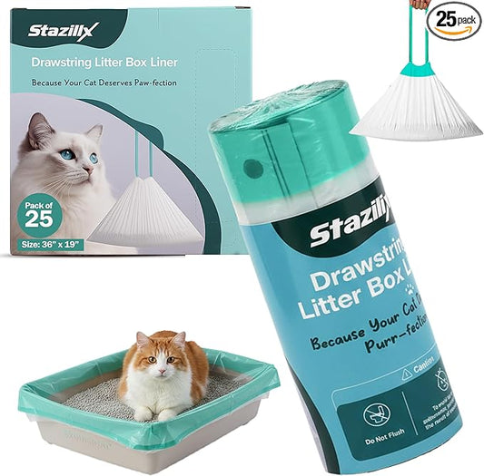 25 Count Large 36x19 Cat Litter Liners for Litter Box – Cat Litter Liners - Leak Proof & Tear Resistance - Heavy Duty Drawstring Design for Easy & Mess-Free Cleaning