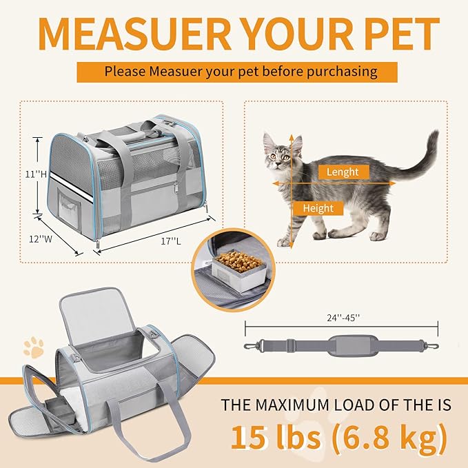 Cat Carrier Dog Carrier TSA Airline Approved for Small Dogs Cats Under 15 lbs, Collapsible Soft Sided Travel Pet Carrier for Puppy Kitten, Light Grey