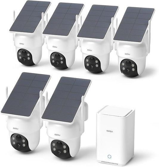 aosu Security Cameras Wireless Outdoor, 6-Cam Kit, No Subscription, Home Station Expandable to 1TB (32GB Built-in), 5MP Solar Camera Wireless Outdoor, 360° Pan & Tilt, Human Auto Tracking, Easy Setup