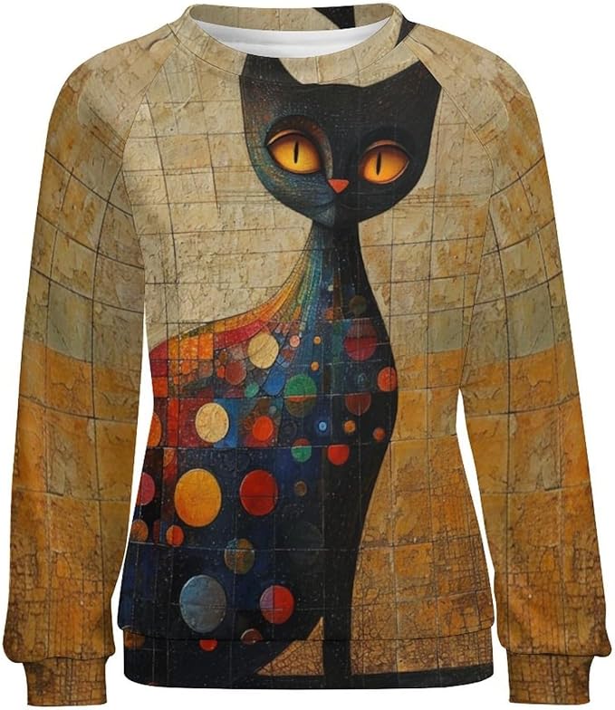 Biacolum Long Sleeve Shirts for Women Mid Century Retro Style Atomic Cat 3D Graphic Sweatshirts Fall Crewneck Pullover Top
