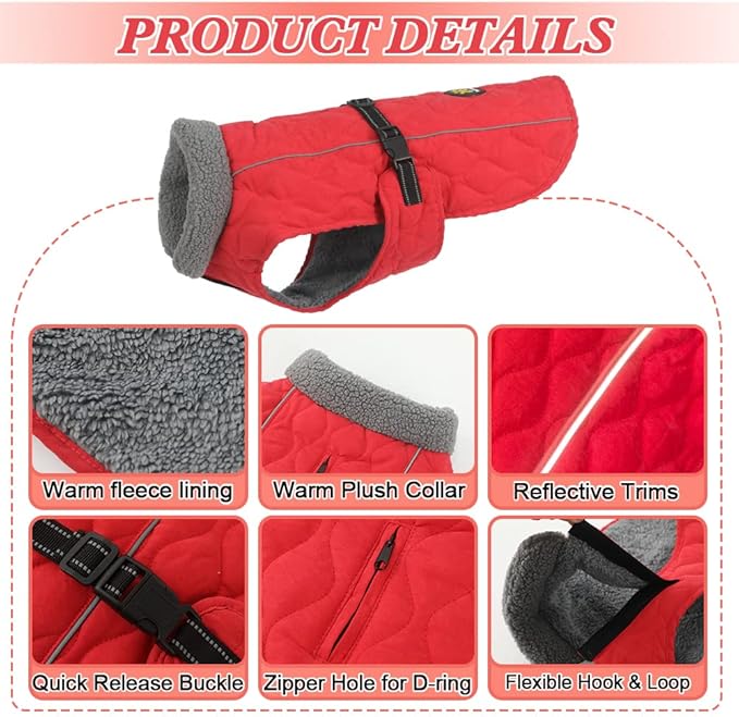 Winter Dog Coats, Warm Fleece Doggie Coat for Small, Medium and Large Dogs, Adjustable Dog Jacket Winter with Nylon Buckle, Reflective Safety Cold Weather Coats for Dogs, Red M