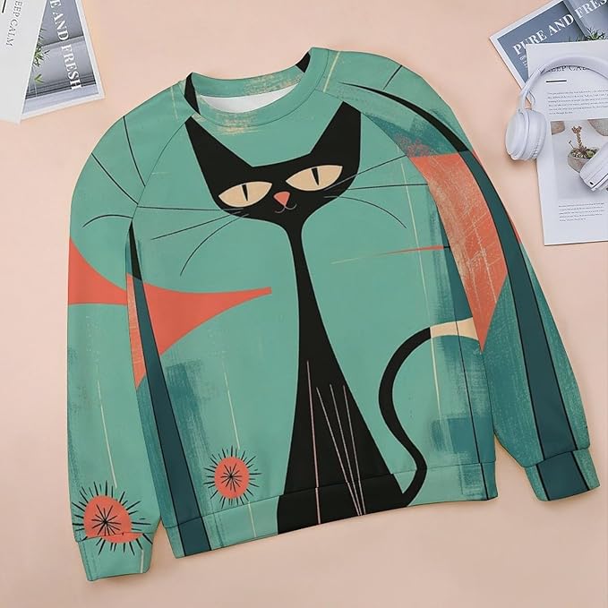 Biacolum Long Sleeve Shirts for Women Mid Century Retro Style Atomic Cat 3D Graphic Sweatshirts Fall Crewneck Pullover Top