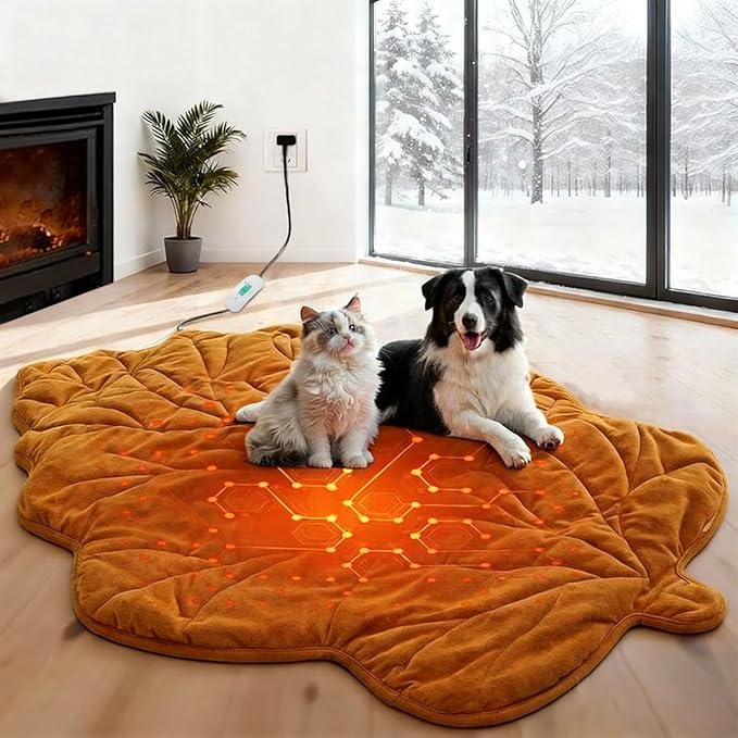 Extra Large Dog Heating Pad Waterproof Electric Heated Cat Beds for Indoor Outdoor, Adjustable Temperature, Washable Yellow Leaf Shaped Cat Heating Pad Non Slip Bottom(47"X36")