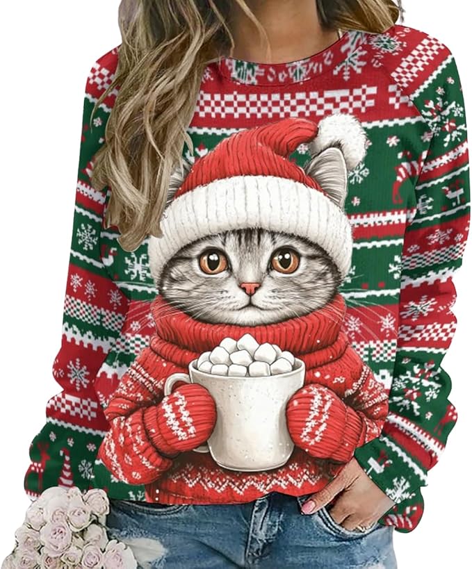 Womens Ugly Christmas Sweatshirt Funny Cat Dog Printed Xmas Pullover Shirts Crewneck Long Sleeve Graphic Hoodies