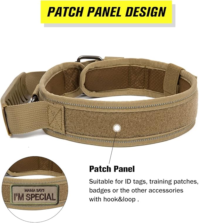 Tactical Dog Collar with Handle - Military Adjustable Dog Training Collar Soft Nylon and Heavy Duty Metal Buckle for Medium Large Dogs - with Patch (Brown with Patch, Large)