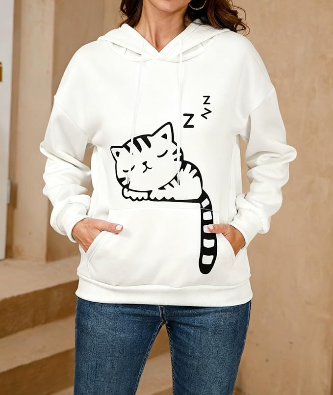 Women Girl Hoodies Cute Cat Ear Novelty Printed Pullover Sweatshirt