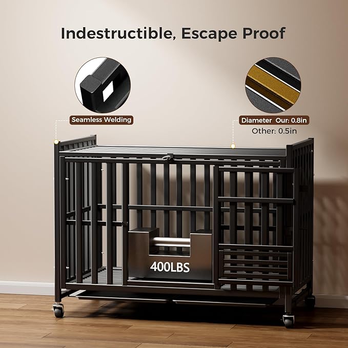 Heavy Duty Dog Crate, Escape-Proof Indestructible Cage for High-Anxiety Dogs, 3-Door Kennel with 4 Lockable Wheels and 2 Removable Trays Ideal for Large & Medium Breeds(43 Inch)
