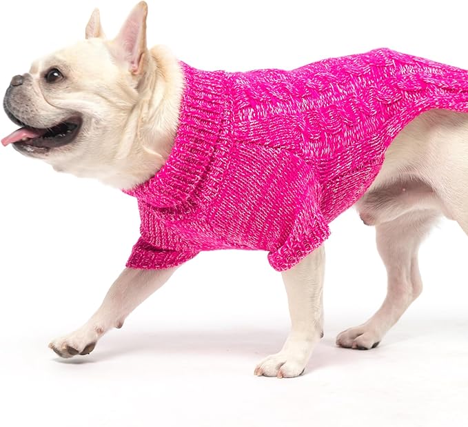 KOOLTAIL Dog Sweater for Large Medium Small Dogs, Fall Dog Sweaters, Turtleneck Cable Knitwear Pet Cold Weather Coats with Leash Hole, Warm Winter Pullover Clothes for Bulldog, Yorkie,Boy Girl,Rose SM