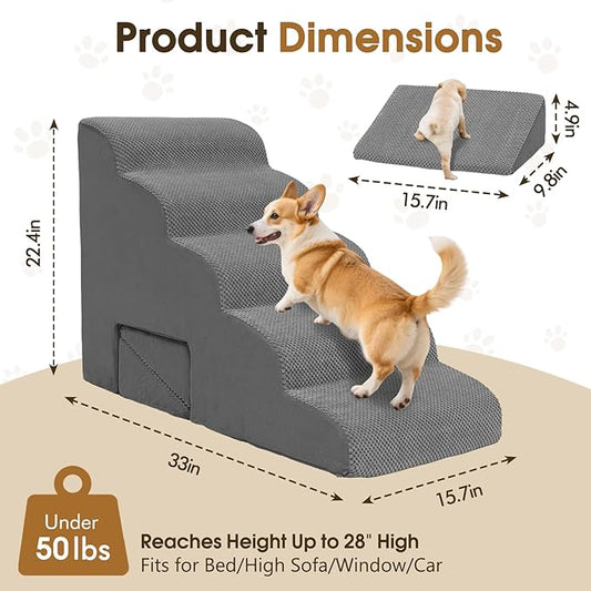 Curved Dog Stairs 22.4 inches High, Dog Ramp Stairs for Small Dogs for High Beds 20-25 inches Tall, Pet Stairs/Steps for Old Dogs Cats, Grey