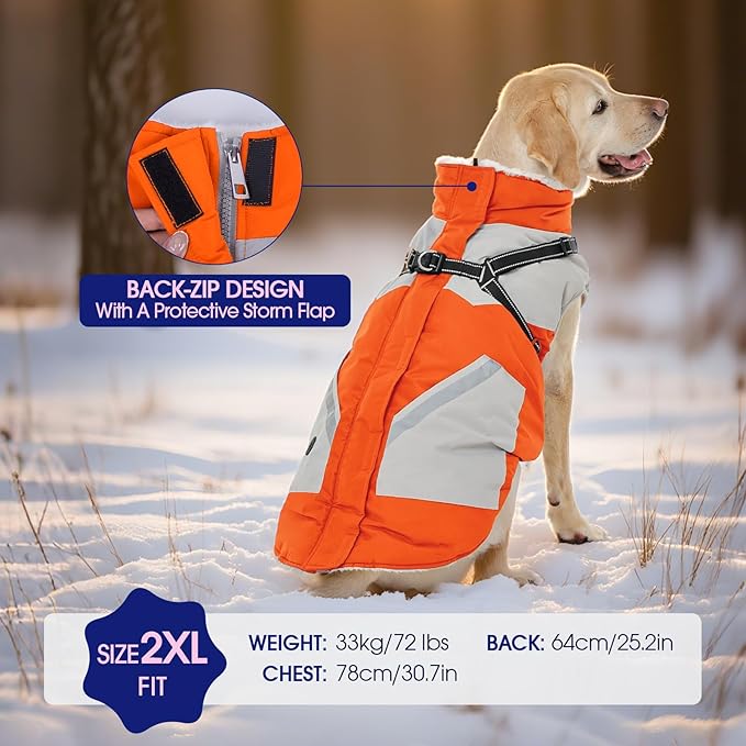 FUAMEY Dog Winter Jackets for Large Dogs,Dog Coat with Harness Built in,Waterproof Dogs Snowsuits Warm Pet Jacket Zip Up Fleece Cold Weather Coats Reflective Safety Pets Hunting Vest Orange XL