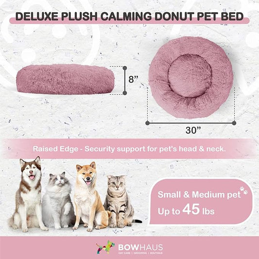 24/30 Inch Calming Donut Pet Bed for Small/Medium Cats and Dogs, Anti-Slip Bottom, Washable, Anti-Anxiety Fluffy Round Cat Bed, Indoor Shaggy Cuddler Cotton Candy Brown, Light Gray, Pink Bed