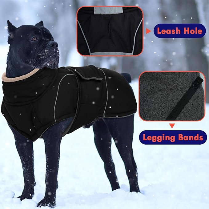 Black Dog Coat Warm Pets Clothes for Cold Weather Soft Pet Sweater with Leash Hole Thick Pet Winter Puffer Coat Windproof Dogs Jacket with Fleece Lined Waterproof Coats for Large Dogs