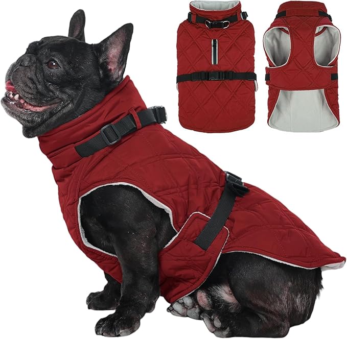 Kuoser Dog Coat Warm Fleece Lining Turtleneck Dog Jacket with Harness Built-in, Adjustable Windproof Cold Weather Coats with Quick Release Buckle Pet Winter Snowsuit for Extra Small Dogs, Red XS