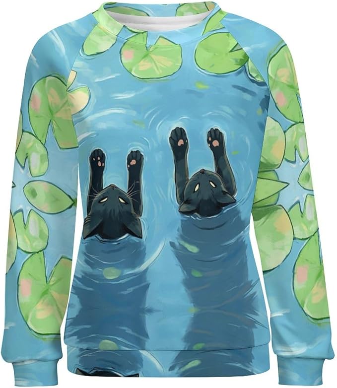 Womens novelty funny cat printed crewneck sweatshirt casual loose long sleeve graphic pullover sweatshirts tops