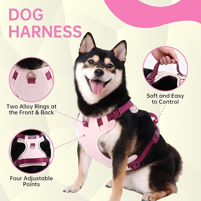 No Pull Dog Harness Leash and Collar Set, Adjustable Dogs Vest with Reflective Strip Soft Handle for Small Medium Large Sized DogPink