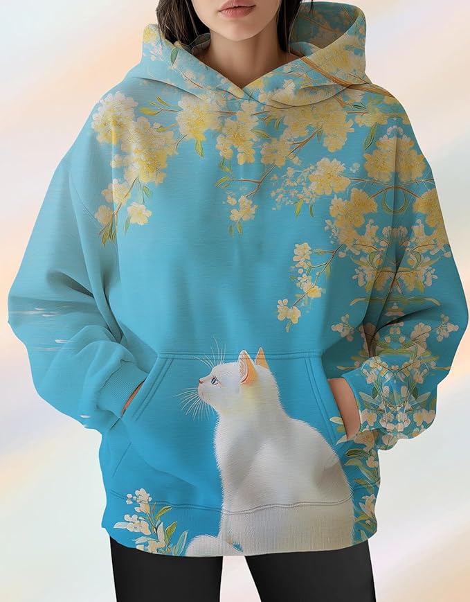 Womens Cat Print Hoodies Trendy Funny Cat Graphic Long Sleeve Sweatshirt Y2k Streetwear Hooded Pullover Tops